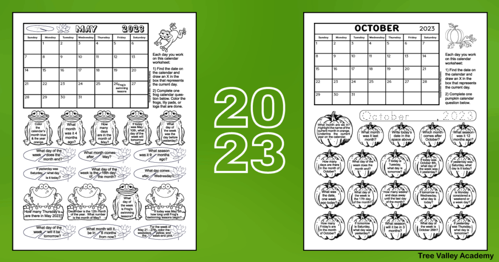May 2023 and October 2023 printable calendar worksheets on a green background with the text 2023.