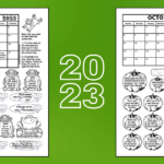 May 2023 and October 2023 printable calendar worksheets on a green background with the text 2023.