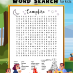 A black and white printable campfire camping word search for kids. 24 words hidden in a 18 X 18 grid of uppercase letters. The puzzle is decorated with images of a moon, stars, a fire, and a roasting stick with 3 marshmallows on it that kids can color.