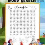 A black and white printable campfire camping word search for kids. 24 words hidden in a 18 X 18 grid of uppercase letters. The puzzle is decorated with images of a moon, stars, a fire, and a roasting stick with 3 marshmallows on it that kids can color.