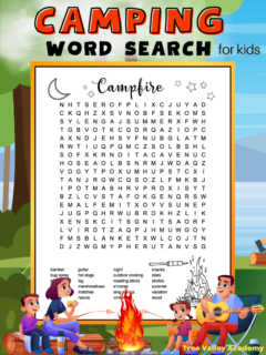 A black and white printable campfire camping word search for kids. 24 words hidden in a 18 X 18 grid of uppercase letters. The puzzle is decorated with images of a moon, stars, a fire, and a roasting stick with 3 marshmallows on it that kids can color.