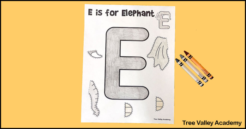 coloring a free printable letter E elephant alphabet craft for preschoolers