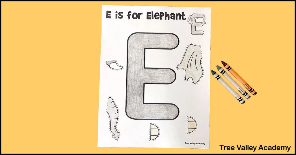 coloring a free printable letter E elephant alphabet craft for preschoolers