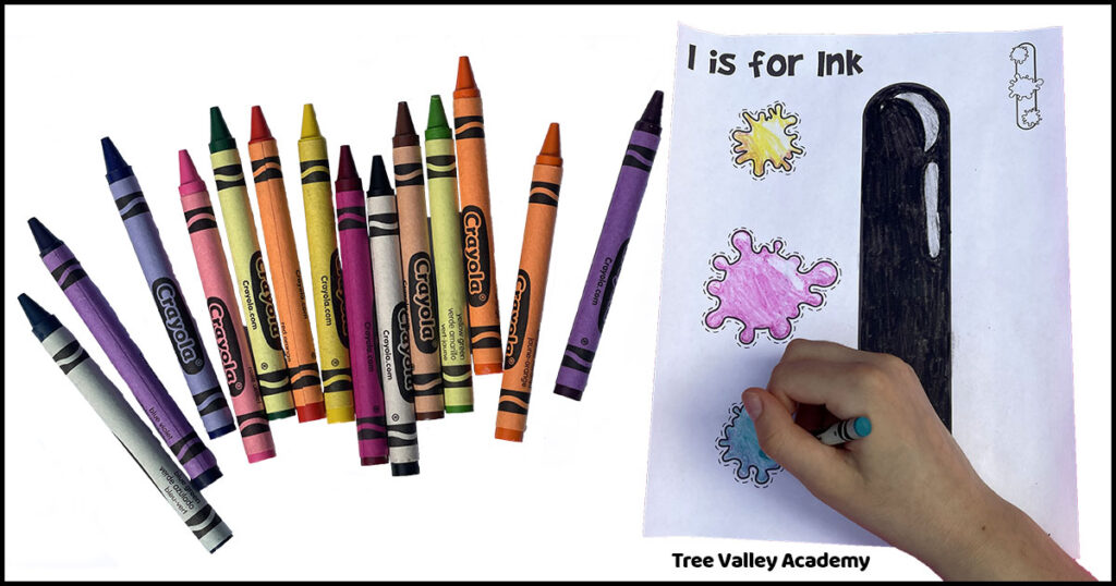 child coloring a printable uppercase letter I ink craft with crayons