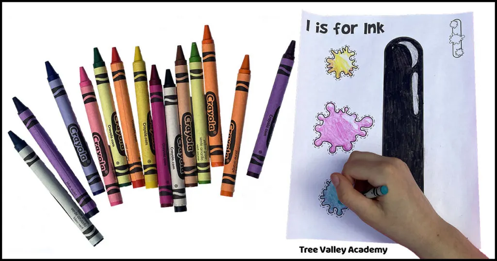 child coloring a printable uppercase letter I ink craft with crayons