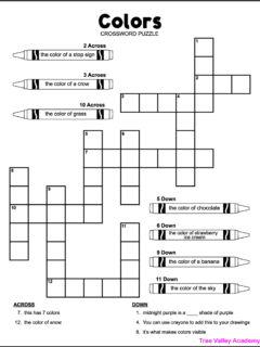 A black and white printable colors crossword puzzle for kids. The puzzle has 12 clues. 7 of the clues are written in images of crayons. Each crayon needs to be colored, each color based on its clue. Then kids can write the color name in its spot in the puzzle.