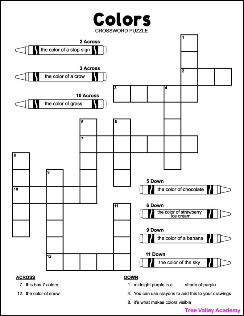 A black and white printable colors crossword puzzle for kids. The puzzle has 12 clues. 7 of the clues are written in images of crayons. Each crayon needs to be colored, each color based on its clue. Then kids can write the color name in its spot in the puzzle.