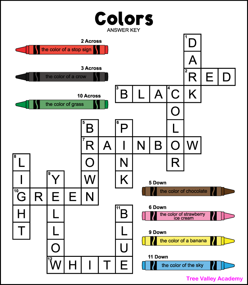 A colors crossword puzzle answer key. The words across are red, black, rainbow, green, and white. The words down are dark, color, brown, pink, light, yellow, and blue. From top to bottom, the crayons should be colored red, black, green, brown, pink, yellow, and blue.