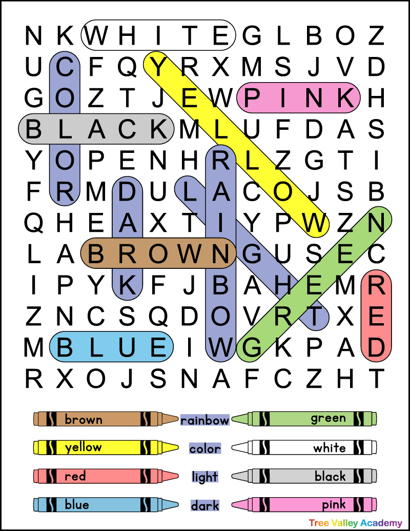 The color-coded answer key for a printable colors word search for kids. The printable word search has 12 hidden color words in a 12 X 12 grid of uppercase letters.