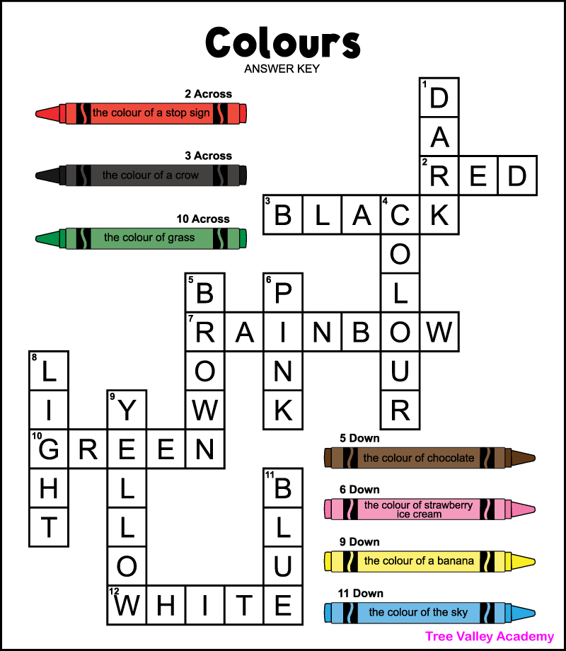 A colours crossword puzzle answer key. The words across are red, black, rainbow, green, and white. The words down are dark, colour, brown, pink, light, yellow, and blue. From top to bottom, the crayons should be coloured red, black, green, brown, pink, yellow, and blue.