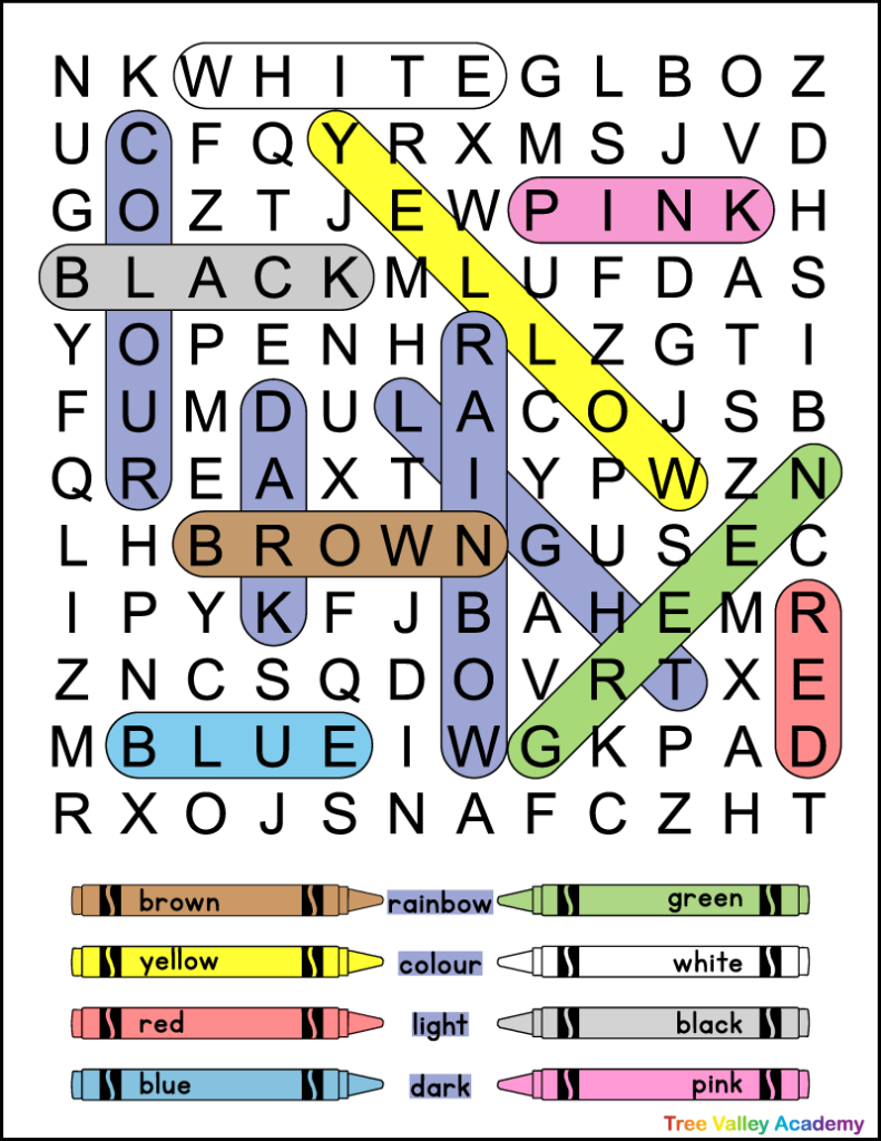 The colour-coded answer key for a printable colours word search for kids. The printable word search has 12 hidden colour words in a 12 X 12 grid of uppercase letters.