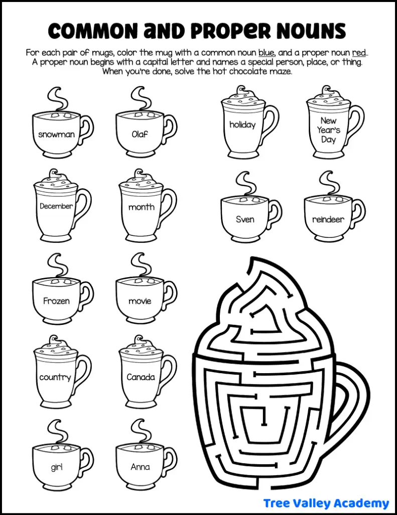 Kindergarten common and proper nouns worksheet with hot chocolate mugs and a winter maze.