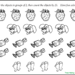 A black and white counting by 2s preschool math worksheet. There are 6 strawberries, 4 dogs, 10 candies, and 4 pairs of feet. Kids will color the objects, circle groups of 2s, and count by 2's.