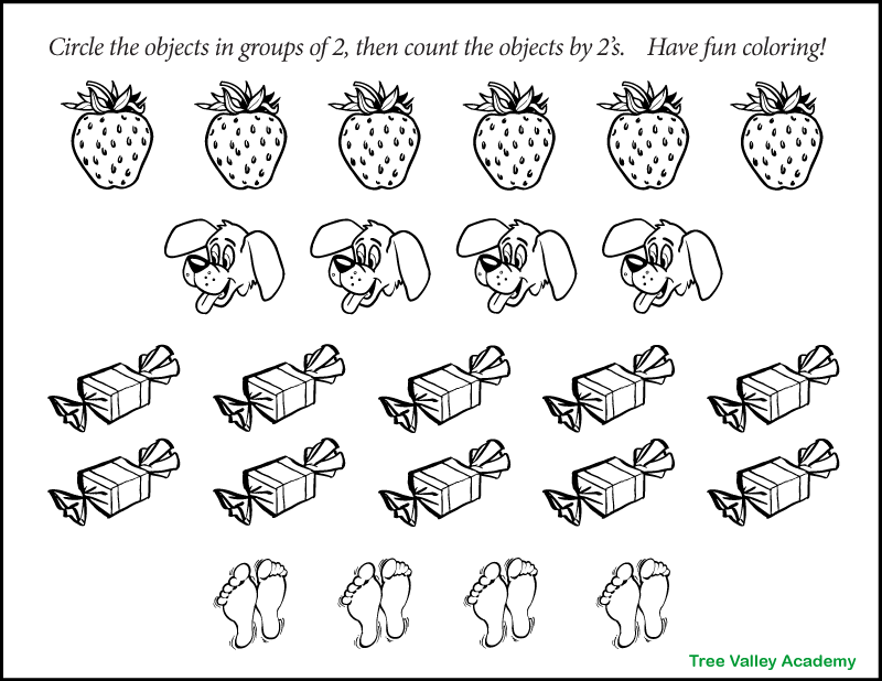 A black and white counting by 2s preschool math worksheet. There are 6 strawberries, 4 dogs, 10 candies, and 4 pairs of feet. Kids will color the objects, circle groups of 2s, and count by 2's.