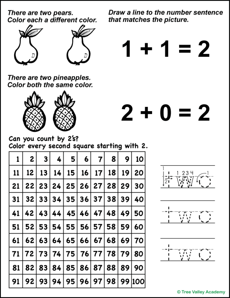 Black and white printable number 2 worksheet. There's a 100's chart where kids will skip count by 2 by coloring every second square. Kids will be asked to color 2 pears each a different color. Then to color 2 pineapples the same color. Then they will need to draw lines from the images to the addition sentences 1+1=2 and 2+0=2. And there are 3 spots where kids will practice tracing the number word two.