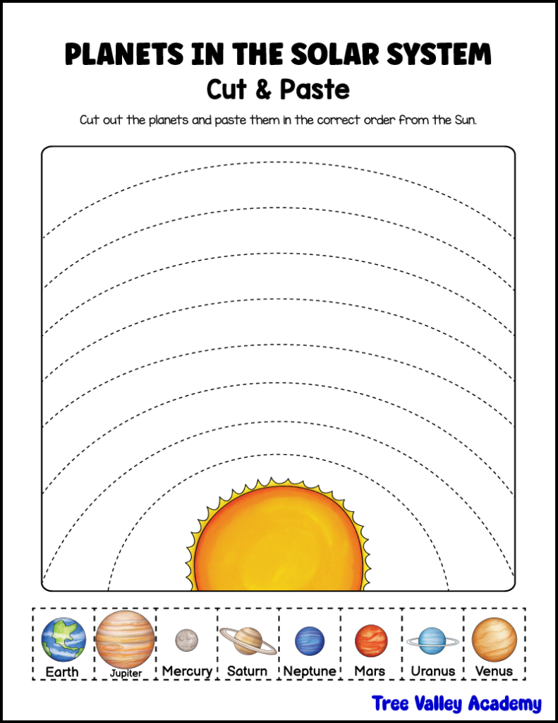 printable cut and paste planets worksheet kindergarten solar system ordering planets activity for kids
