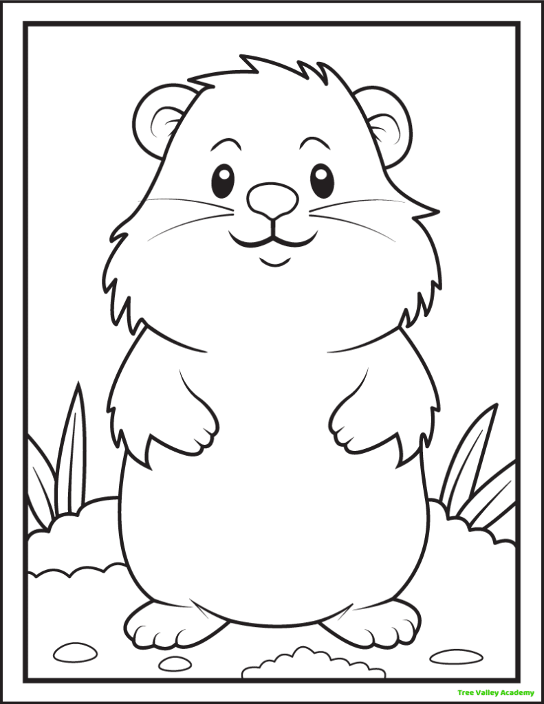 A black and white printable groundhog coloring page. The front view is of a cute and happy groundhog standing on his back legs on dirt. There are 4 blades of grass behind the groundhog.