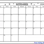 A full page black and white printable December 2024 calendar. The winter themed calendar is decorated with snowflakes in the month name and year section. There's also a blank space to write notes.