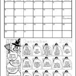 A snowman and winter themed printable December calendar worksheet. This math coloring worksheet is for grade 2 students, but there's also a worksheet for 1st grade students. There's a calendar for the month of December and 19 calendar questions written in the images of snowmen. Kids can color the images as they answer each question.