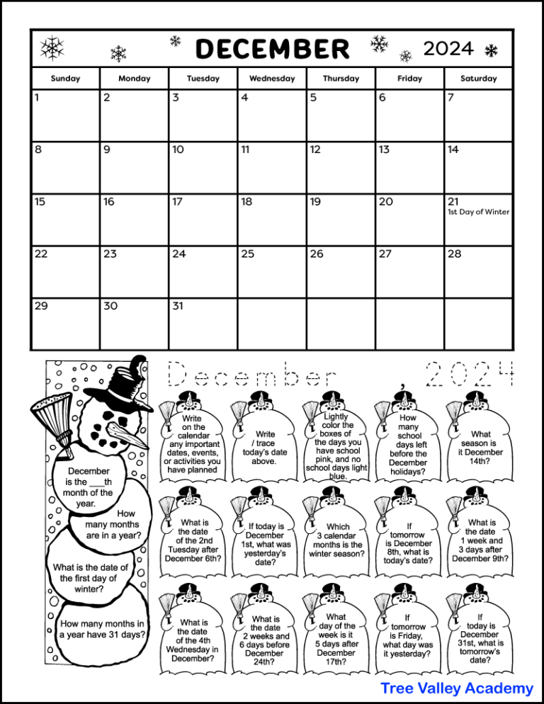 Printable December 2024 Calendar & Kids Calendar Worksheets