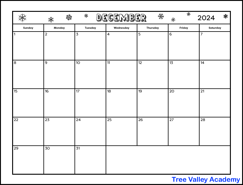 A full page black and white printable December 2024 calendar. The winter themed calendar is decorated with snowflakes in the month name and year section. There's also a blank space to write notes.