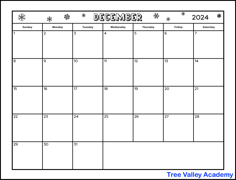 A full page black and white printable December 2024 calendar. The winter themed calendar is decorated with snowflakes in the month name and year section. There's also a blank space to write notes.