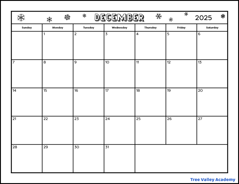 A full page black and white printable December 2025 calendar. The header of the winter themed calendar is decorated with snowflakes. There's also a blank space to write notes.