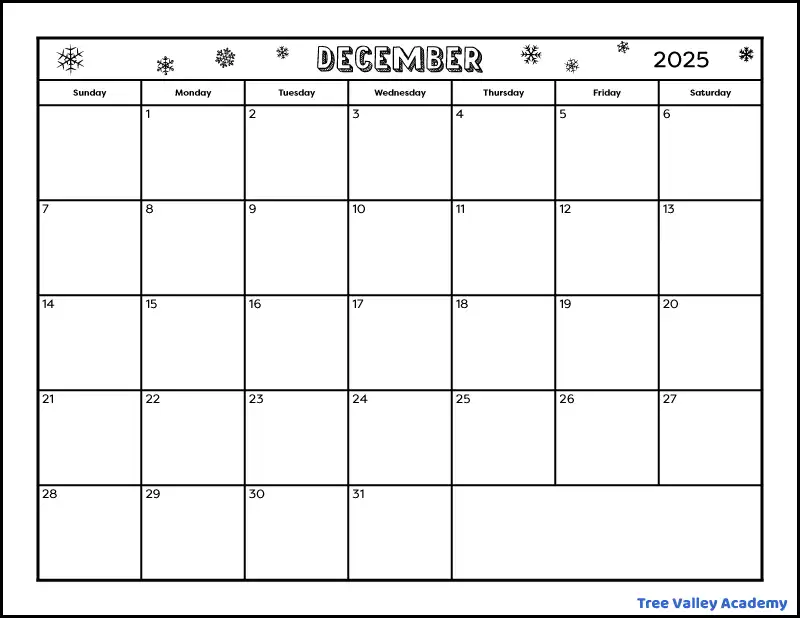 A full page black and white printable December 2025 calendar. The header of the winter themed calendar is decorated with snowflakes. There's also a blank space to write notes.