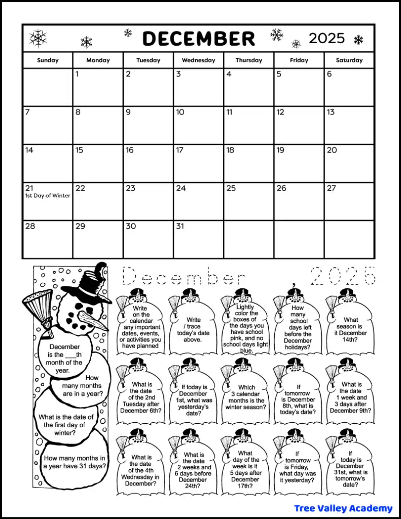 A snowman and winter themed printable December calendar worksheet. This math coloring worksheet is for grade 2 students, but there's also a worksheet for 1st grade students. There's a calendar for the month of December and 19 calendar questions written in the images of snowmen. Kids can color the images as they answer each question.