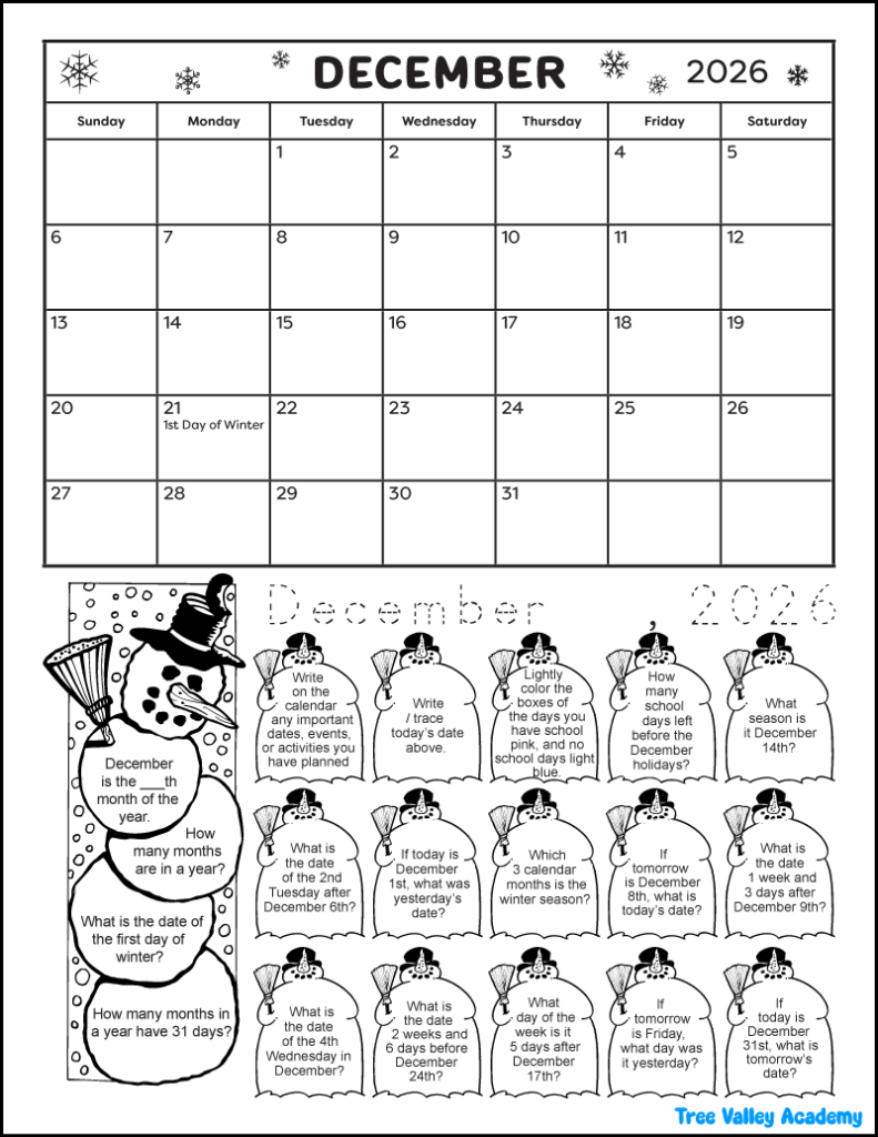 A snowman and winter themed printable December calendar worksheet. This math coloring worksheet is for grade 2 students, but there's also a worksheet for 1st grade students. There's a calendar for the month of December and 19 calendar questions written in the images of snowmen. Kids can color the images as they answer each question.