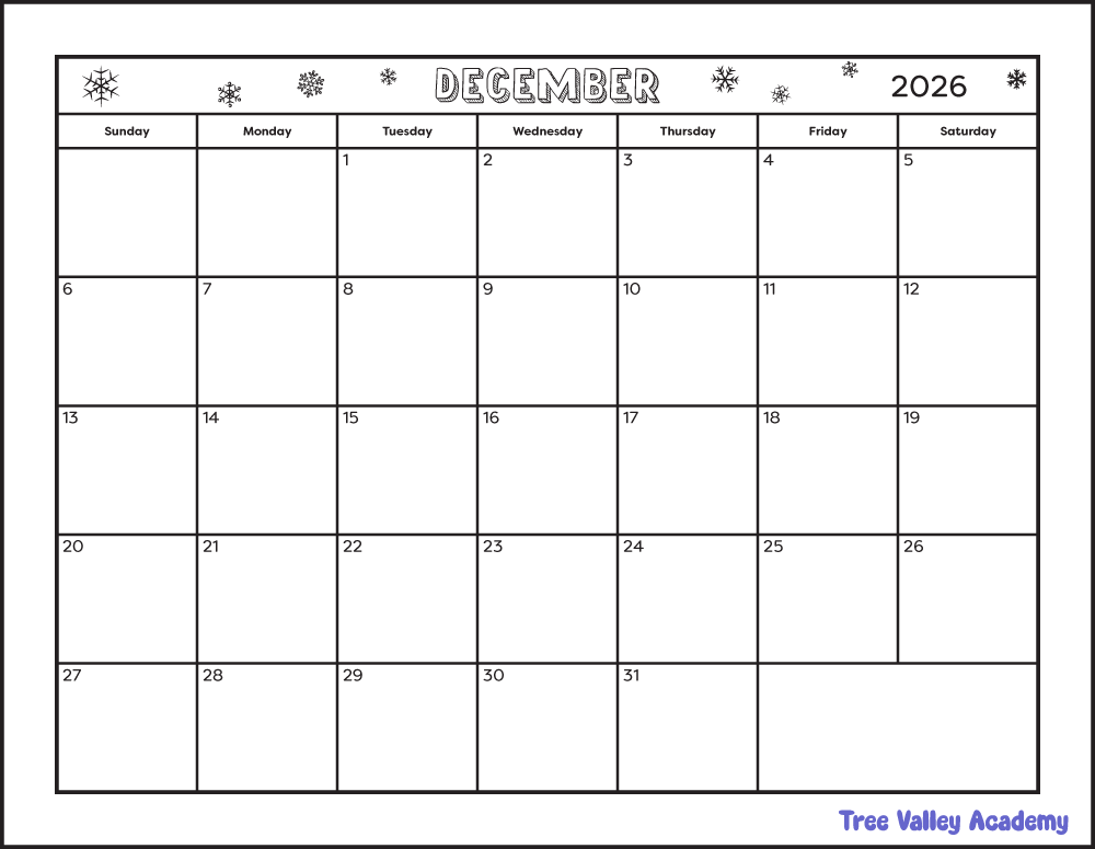 A full page black and white printable December 2026 calendar. The header of the winter themed calendar is decorated with snowflakes. There's also a blank space to write notes.