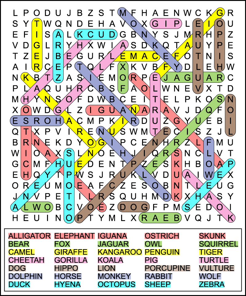 Color-coded answer key for a difficult animals word search with hidden words highlighted and circled in cyan, yellow, green, pink, purple, red, and brown.