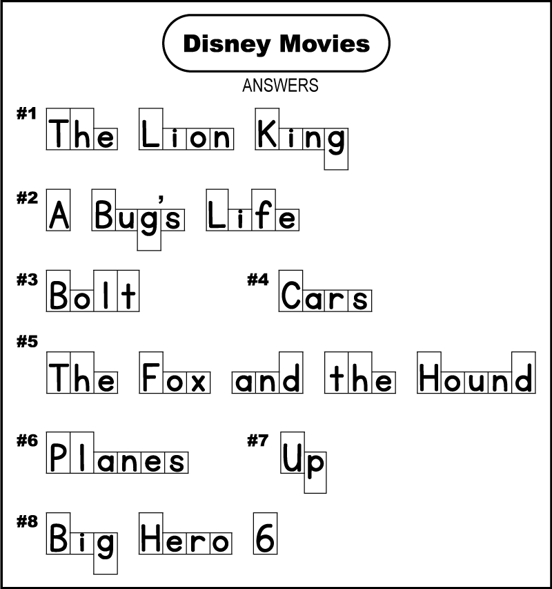 The answers to a printable Disney movie word shape puzzle for kids.