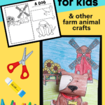 A free printable dog coloring craft for kids, and other farm animal crafts. Kids will color a one page black and white printable of a farm background, a head and a body of a dog. One piece of printing paper, crayons, a pair of scissors and a glue stick are all that's needed for this dog craft for kids.