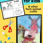 A free printable dog coloring craft for kids, and other farm animal crafts. Kids will color a one page black and white printable of a farm background, a head and a body of a dog. One piece of printing paper, crayons, a pair of scissors and a glue stick are all that's needed for this dog craft for kids.