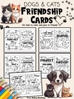 Free printable pet friendship cards. Kids can color, cut, personalize, and share the dog and cat friendship cards with friends or classmates.