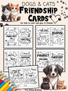Free printable pet friendship cards. Kids can color, cut, personalize, and share the dog and cat friendship cards with friends or classmates.