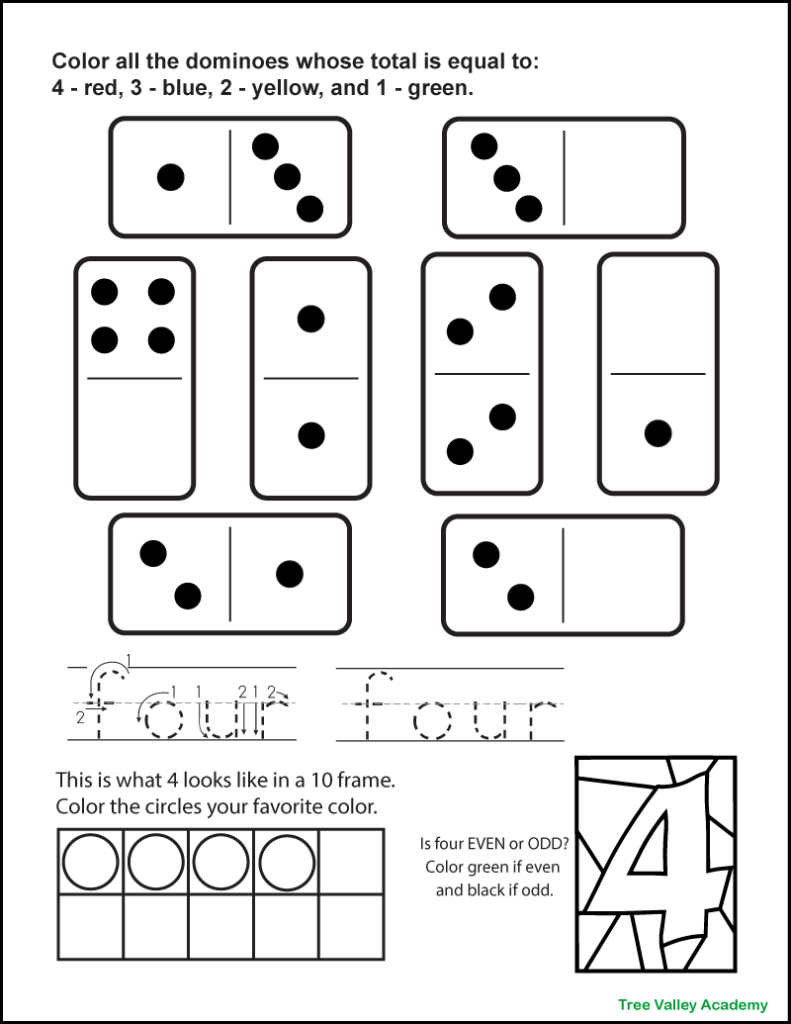 A printable black and white number 4 coloring worksheet. There are 8 dominoes with dots that total up to 4. Kids are asked to color the dominoes different colors depending on their total. Kids are then shown what 4 looks like in a 10 frame and are asked to color the circles their favorite colors. There's an image of a number 4 in a stain glass window look. Kids are to color it green if 4 is even and black if 4 is odd. There's also 2 spots for kids to trace the number word four.