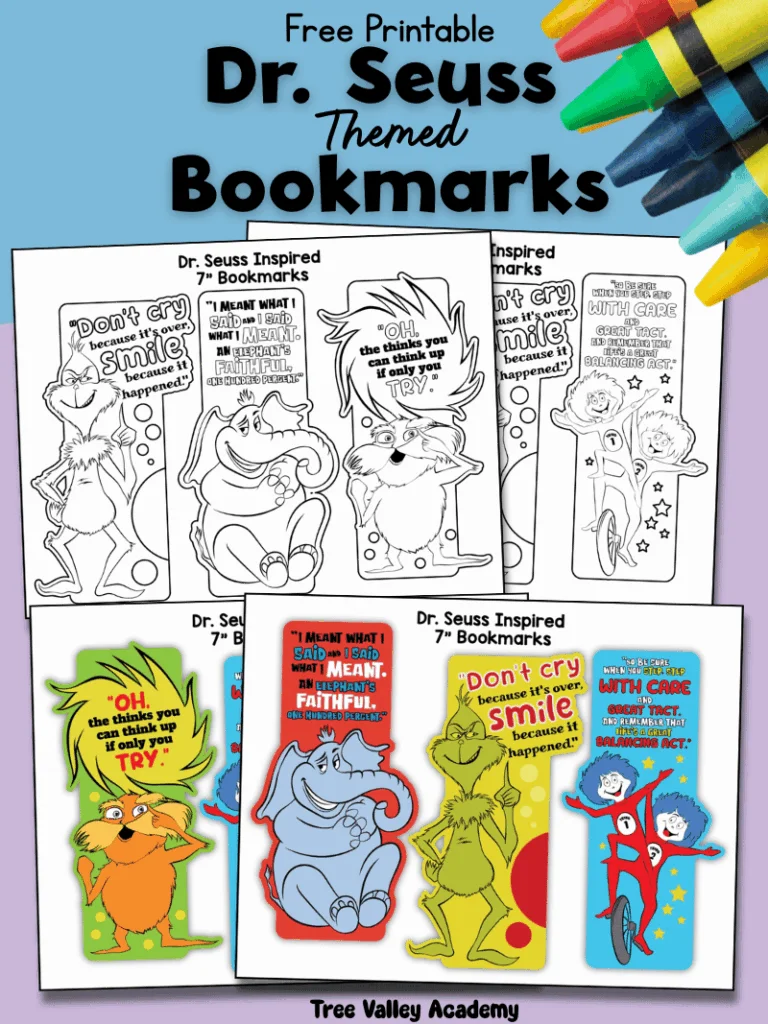 Free printable Dr. Seuss themed bookmarks for kids featuring four characters in black and white to color and fully colored versions.