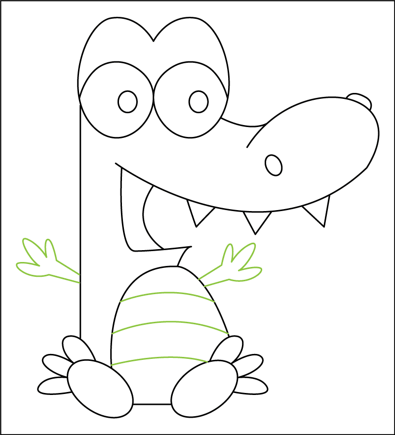 Step 9 of drawing a cartoon alligator is drawing 3 evenly spaced, horizontal lines curved slightly downward on its belly. Then, from each side of the sitting cartoon alligator, draw 2 small lines for an arm or front leg and 3 humps for the toes on each front leg.