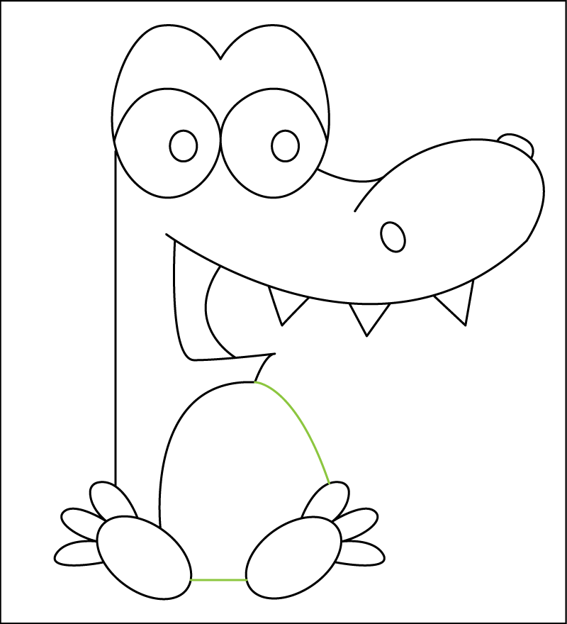 Step 8 of drawing a cartoon alligator is drawing its belly.