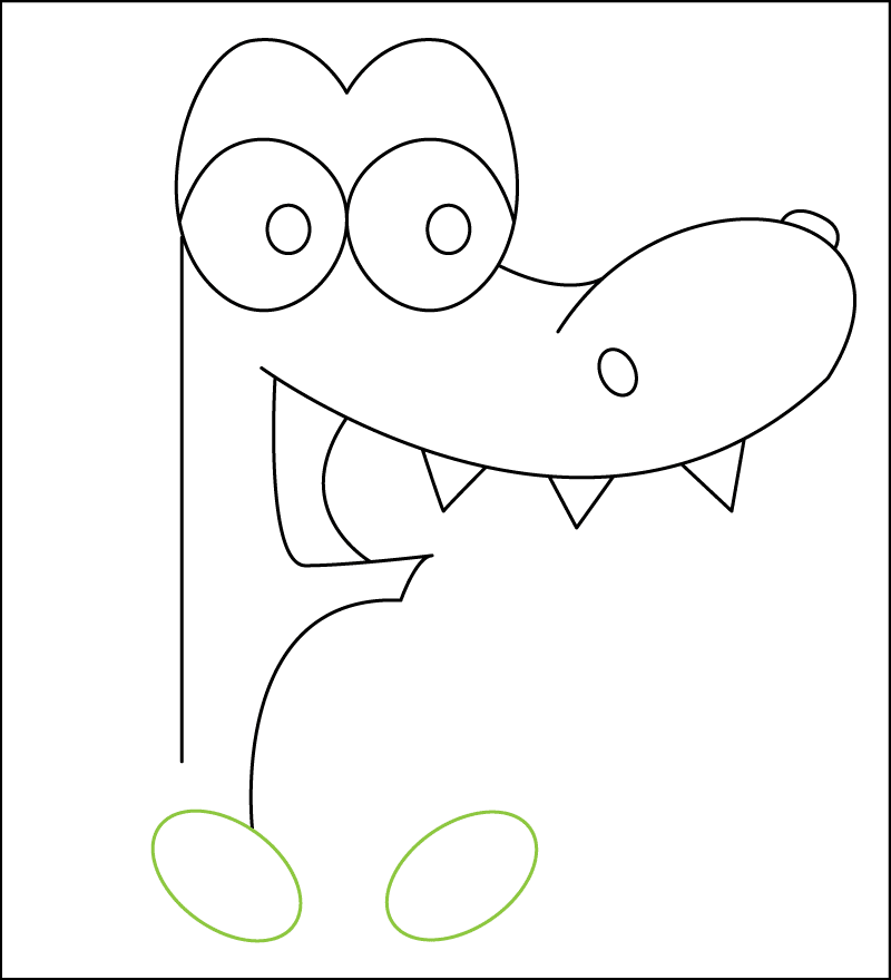 Step 6 of drawing a cartoon alligator shows how to draw its feet.