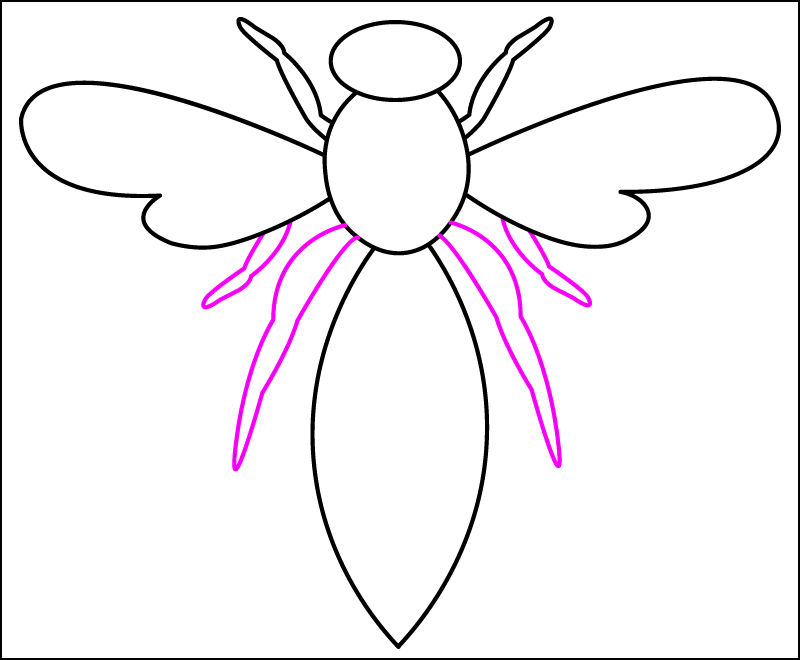 Draw 2 longer back legs from the wasp's thorax. Draw 2 shorter legs, 1 behind each wing.