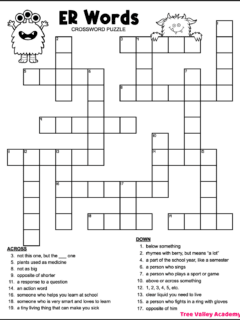 Free printable ER words crossword puzzle for kids. The black and white puzzle is decorated with cute monster images.