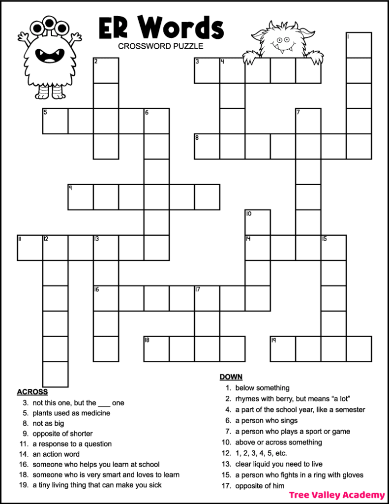 Free printable ER words crossword puzzle for kids. The black and white puzzle is decorated with cute monster images.