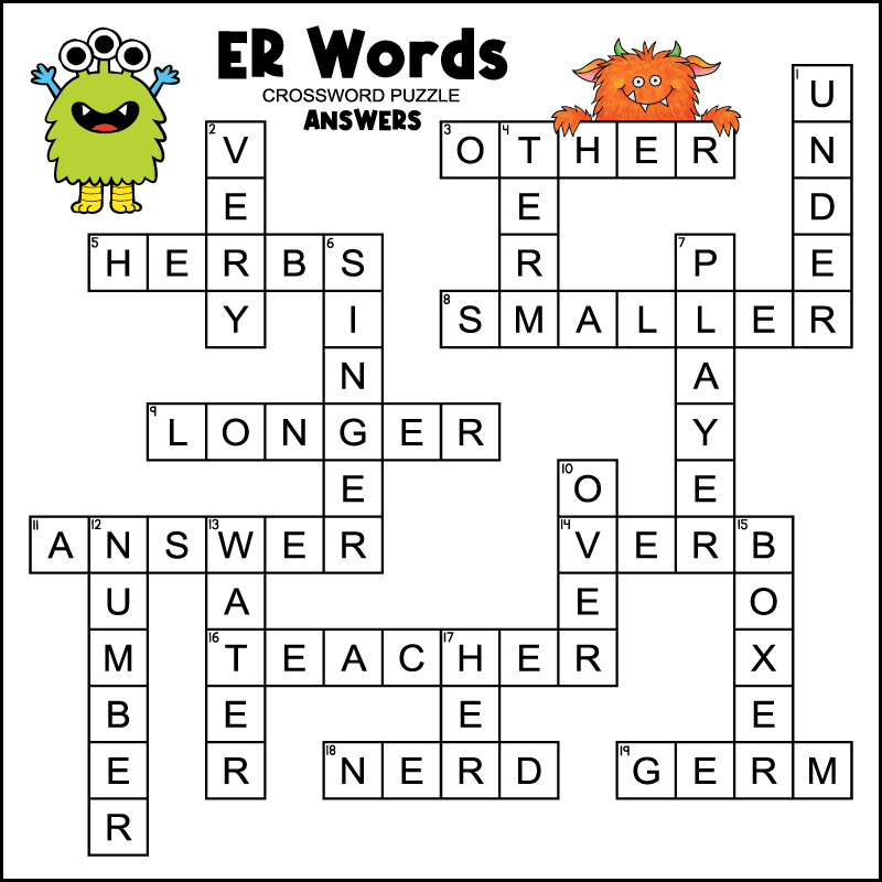 answer key for ER words crossword puzzle for kids