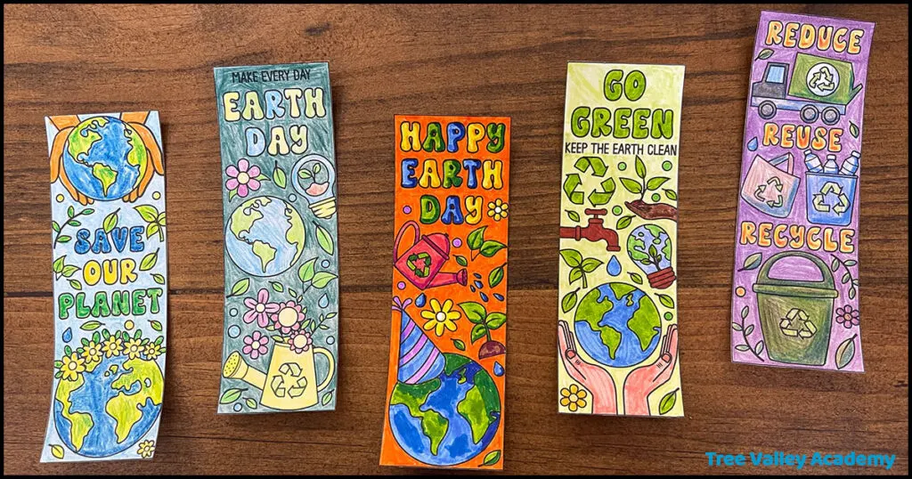 5 finished Earth Day bookmarks hand colored
