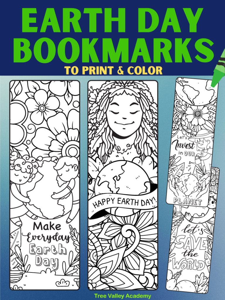 4 free printable Earth Day bookmarks to print and color. The coloring bookmarks have these quotes: "Make Everyday Earth Day", "Happy Earth Day!", "Let's Invest in Our Planet", and "Let's Save the World".