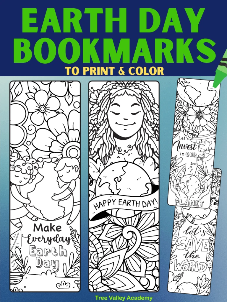 4 free printable Earth Day bookmarks to print and color. The coloring bookmarks have these quotes: "Make Everyday Earth Day", "Happy Earth Day!", "Let's Invest in Our Planet", and "Let's Save the World".