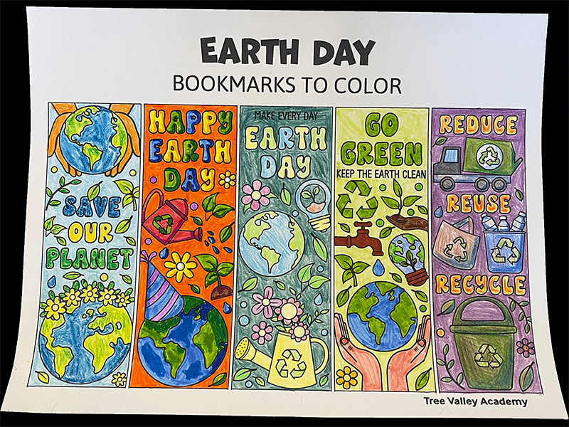 5 Earth Day bookmarks colored with markers and pencil crayons